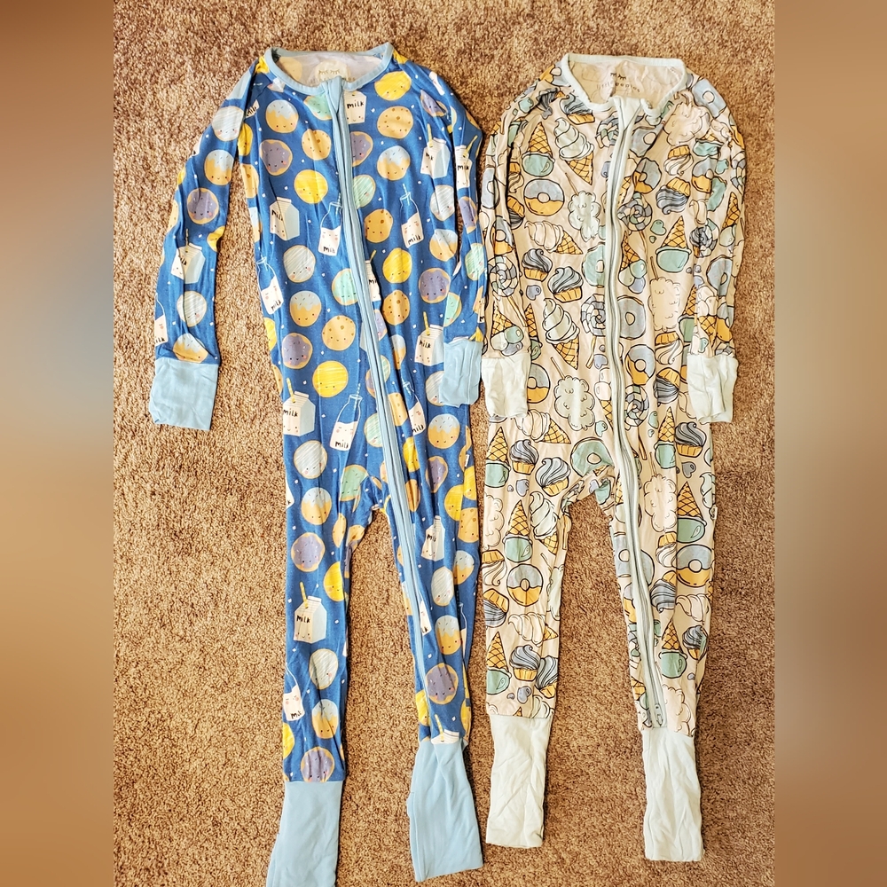 Little Sleepies, Ice Cream, Milk And Cookies, Blue Zipper Bamboo Onesie Sleepers